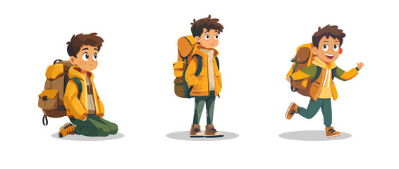 Set of flat Cute Boy cartoons illustration traveling, hiking 