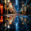 Abstract reflections in a rain-soaked urban setting