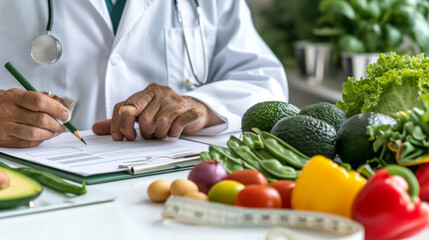 Wall Mural - Healthcare professional, presumably a dietitian or nutritionist, with a clipboard in hand, writing notes in front of a table filled with various fresh vegetables