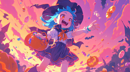 Wall Mural - anime Little girl wearing adorable Halloween costume, throwing candy