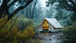 the soothing effect of rain on a tent in a dense juniper forest, with the aromatic branches contributing to the overall calming atmosphere