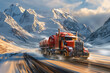 Red Semi Truck Speeding on Snowy Mountain Road Banner