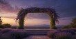 Matte painted empty product podium under a lavender lilac arch exudes whimsy against a twilight cityscape backdrop