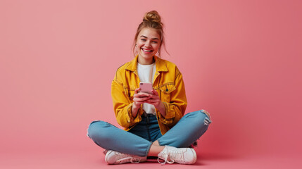 Joyful young woman in a yellow jacket and jeans sitting cross-legged, using a smartphone with a delighted smile on her face.