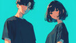 Anime models of beautiful girls and handsome boys, with filter blue background