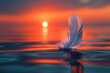 Single delicate feather floating on tranquil water surface during a stunning sunset, concept of serenity, lightness, and harmony