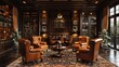 Sophisticated cigar lounge with rich leather chairs and wood accents8K