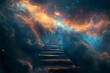 Stairway to heaven concept through a cosmic landscape, symbolizing journey, spirituality, and the quest for enlightenment