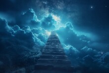 Mystical stairway ascending into a celestial night sky, invoking themes of mystery, discovery, and the pursuit of the unknown