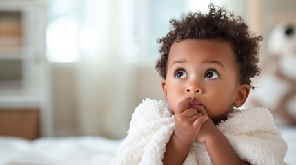 Sticker - toddler wrapped in a white towel or blanket is looking upwards with a thoughtful or curious expression, bathed in soft, natural light