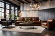 living room with a leather sofa and a statement floor lamp