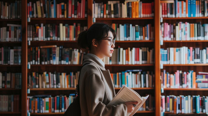 Wall Mural - woman with curly hair is smiling at the camera, holding a book, with a blurred library bookshelf in the background