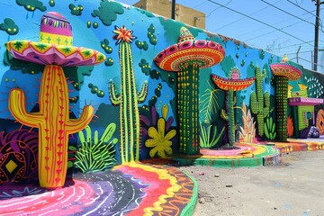 A vibrant mural with cacti and sombreros celebrating Mexican heritage.