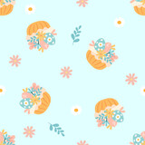 Fototapeta Dinusie - Seamless pattern easter with flowers cartoons easter basket 