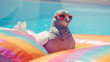 A pigeon in sunglasses swims in the pool on an inflatable circle. Humor, fantasy on the theme of holidays and summer holidays, anthropomorphic