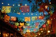 Colorful paper banners and lights adorn a festive outdoor celebration at night.