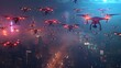 Futuristic Drone Fleet Forming Patterns in Cyberpunk City Nightscape