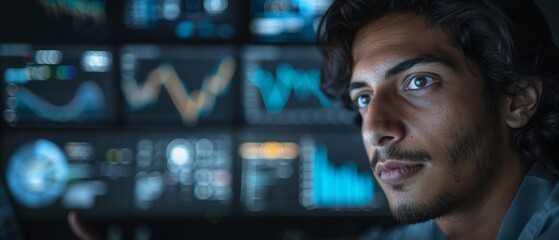 Aufkleber - An Indian man looking at a computer screen with graphs and charts in a business research and development company.