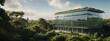 Eco-friendly glass office building surrounded by greenery, illustrating a commitment to sustainability and carbon reduction.