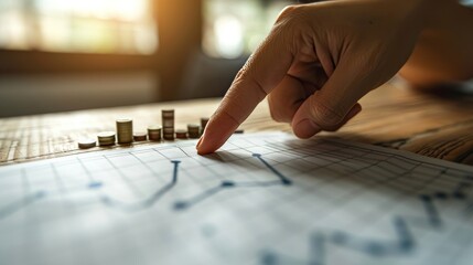 Canvas Print - Above stacks of coins, a businessman points to an increase chart showing growth and success.