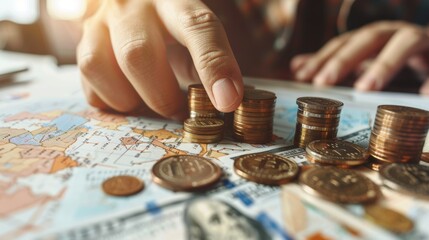 Aufkleber - In this image, a businessman points to the graph of growth above stacks of coins. This is a business development to success and investment growth plan.