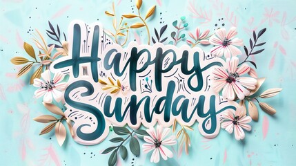 Happy Sunday - modern calligraphy lettering on colorful background with flowers