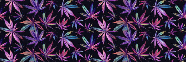 Wall Mural - seamless pattern with colorful marijuana leaves on black background