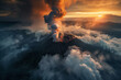Aerial view of a volcanic eruption at sunset, suitable for adventure themes.
