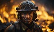 Firefighter in Helmet Facing Fire