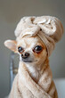 © Diana Vyshniakova - Cute funny chihuahua dog wearing towel after bath, dog spa and grooming concept. Generative ai