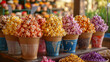 Vibrant and fun display of gourmet popcorn in different flavors, served in unique decorative pots