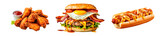 Fototapeta Krajobraz - Hot dog, hamburguesa y alas de pollo fritas con mostaza y ketchup aislados en fondo transparente.
comida rápida tradicional americana