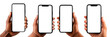 © C.Castilla - Mano sosteniendo un moderno teléfono móvil.Mock-up de teléfono celular con pantalla blanca sobre fondo transparente.