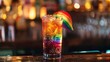 Colorful Cocktail with Rainbow Flag in a Vibrant Bar Setting