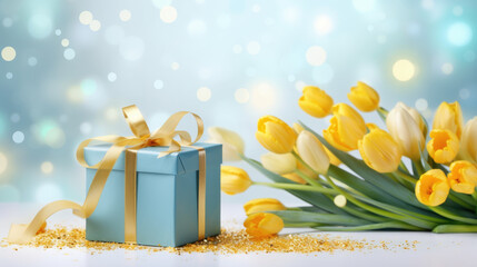 Sticker - Bright yellow tulips and elegantly wrapped gifts adorned with blue and golden ribbons against a soft blue background with light bokeh and golden glitter on the surface.