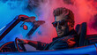 homem bonito  em um carro esportivo, fumaça vermelha e azul ao fundo