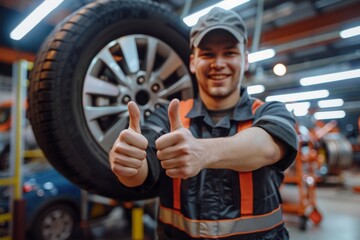 Smiling mechanic showing thumbs up with car tire in the car repair shop.