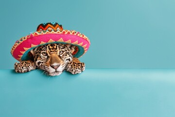 Canvas Print - A small jaguar wearing a sombrero is looking at the camera. The image has a playful and lighthearted mood, as the jaguar is dressed up in a Mexican hat