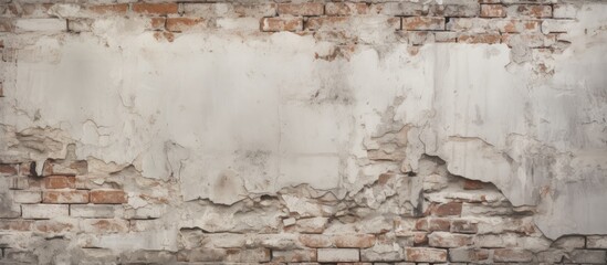 Poster - An artistic close up of a brick wall with peeling plaster, showcasing the textures of wood, soil, and grass in a natural landscape setting