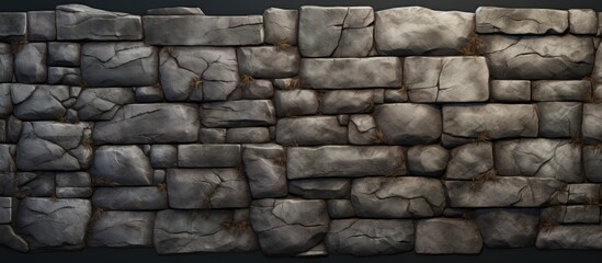 Poster - A detailed close up of a brickwork stone wall, showcasing the intricate pattern and texture of the composite material. The black background accentuates the rugged beauty of the rock and mortar