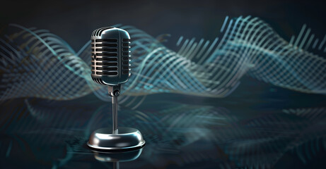 Wall Mural - A vintage microphone with sound waves on dark background for podcast banner