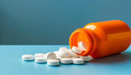 Wall Mural - White pills in orange bottle on blue background close up with copy space