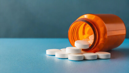 Wall Mural - White pills in orange bottle on blue background close up with copy space