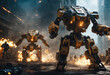 Huge fantastic walking combative robots in a military battle in futuristic city. Robot War.