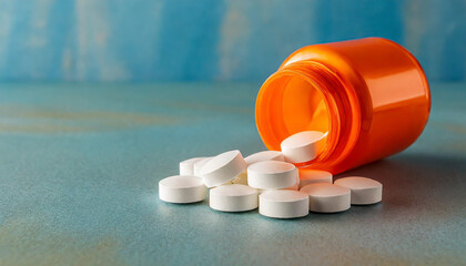 Wall Mural - White pills in orange bottle on blue background close up with copy space