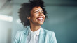 © Studio Nova - Close up portrait of a smiling businesswoman in suit standing against office background.