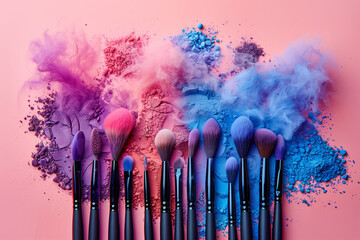 Wall Mural - Cosmetic brushes with colorful powder explosion on a pink background