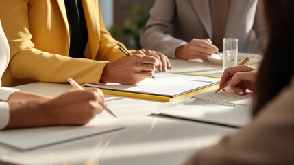 Wall Mural - Close-up view of hands signing a document, with multiple individuals engaged in a business meeting around a table.