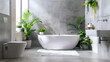 Luxurious bathroom with concrete textures, modern fixtures, and decorative green plants for a fresh look