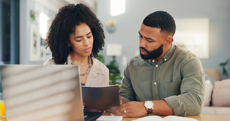 Canvas Print - Couple, laptop and paperwork or home insurance or conversation for online agreement, mortgage or expenses. Man, woman and document for payment finances on internet for house, network or guidelines